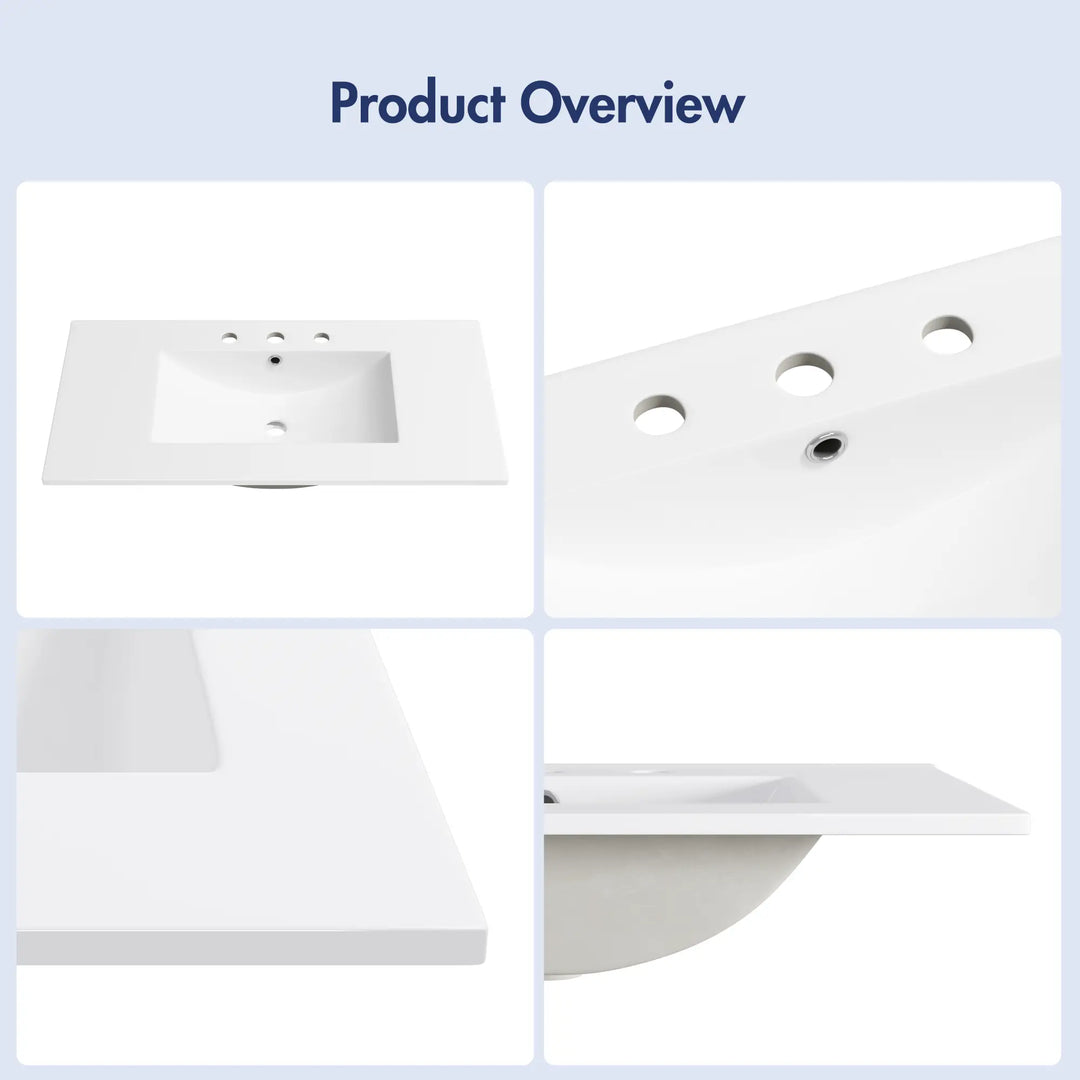 White rectangular ceramic sink with 3 faucet holes and overflow