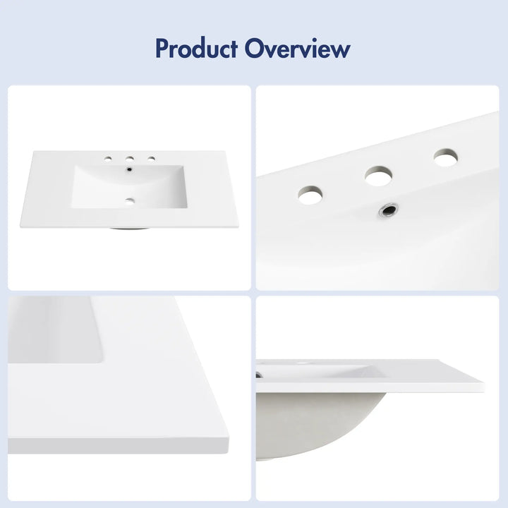 White rectangular ceramic sink with 3 faucet holes and overflow