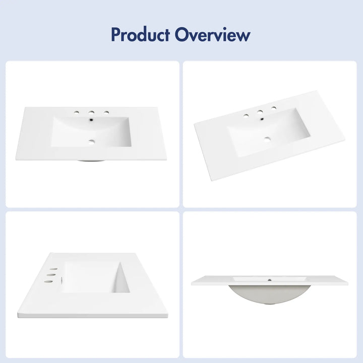 White rectangular ceramic sink with 3 faucet holes and overflow