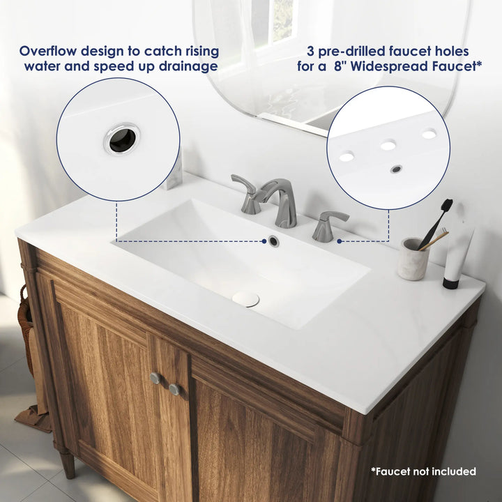 White ceramic sink with chrome overflow and 3 pre-drilled faucet holes