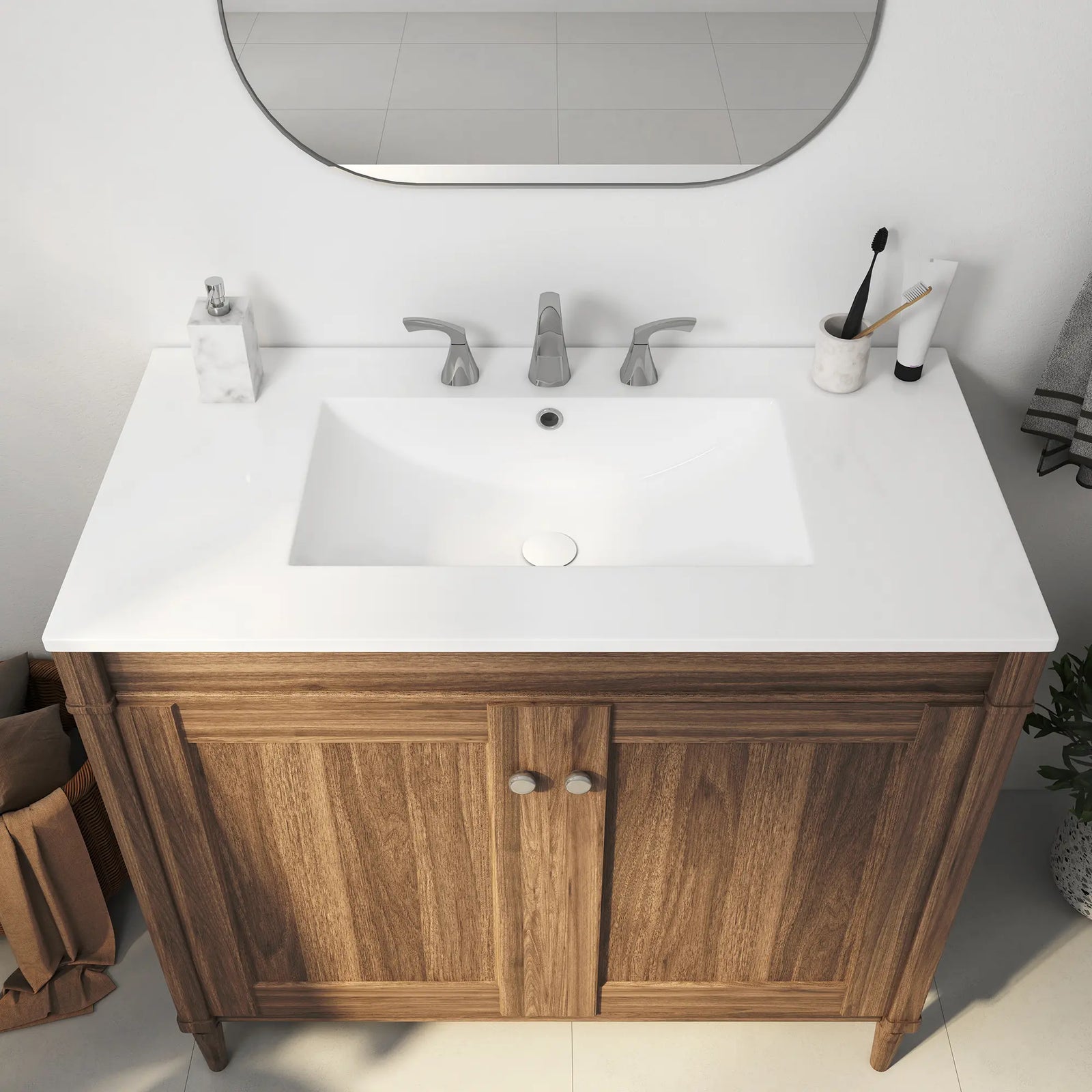 White rectangular ceramic sink with overflow and 3-hole faucet setup#faucet-mount_widespread-faucet