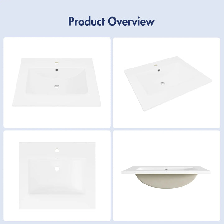 Multi-angle views of white rectangular vanity sink from front and top.