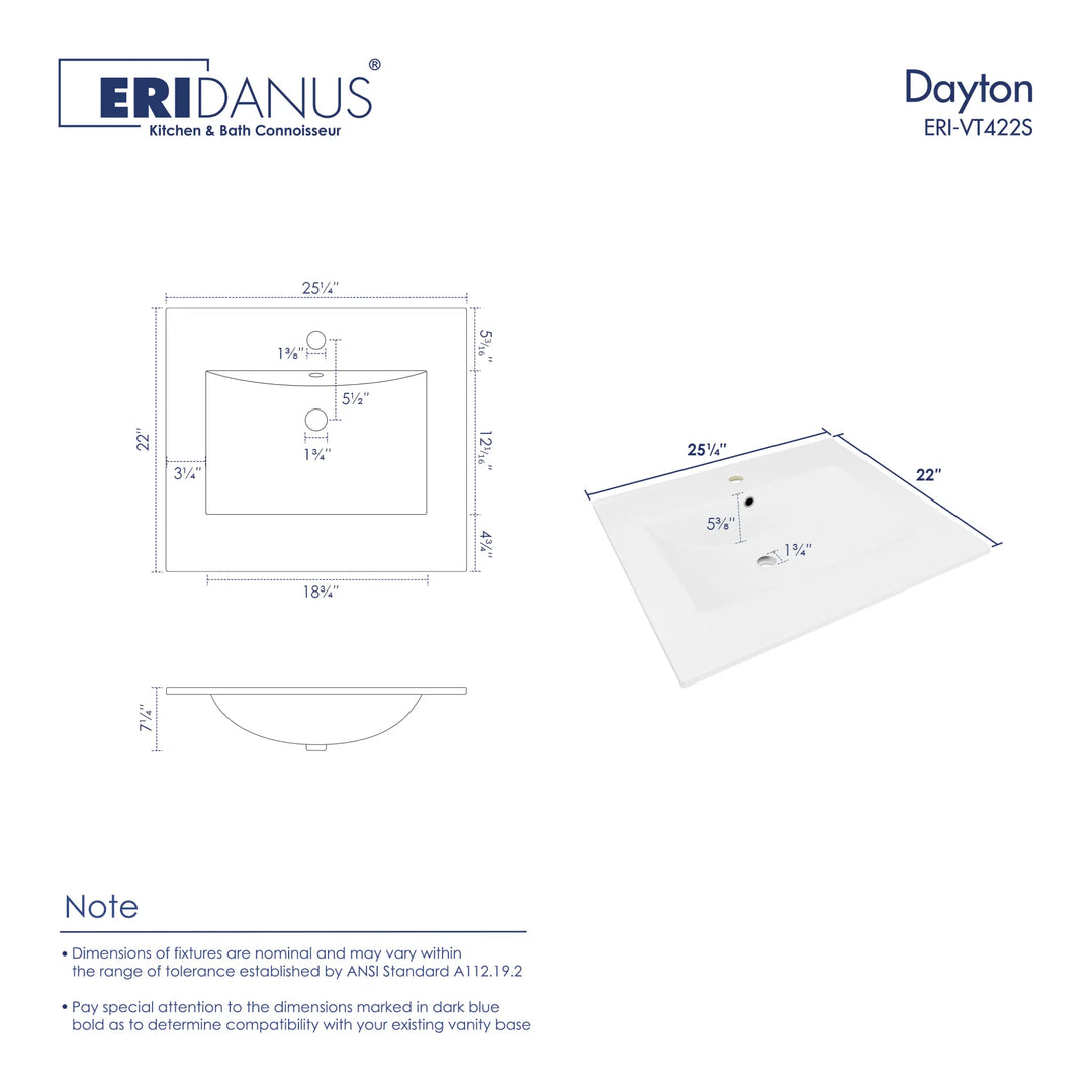 Eridanus Dayton 25x22 inch white vanity sink dimensional drawings.