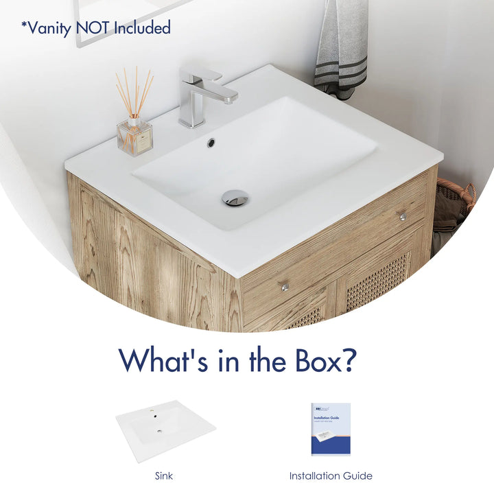 White vanity sink and installation guide included in the package.