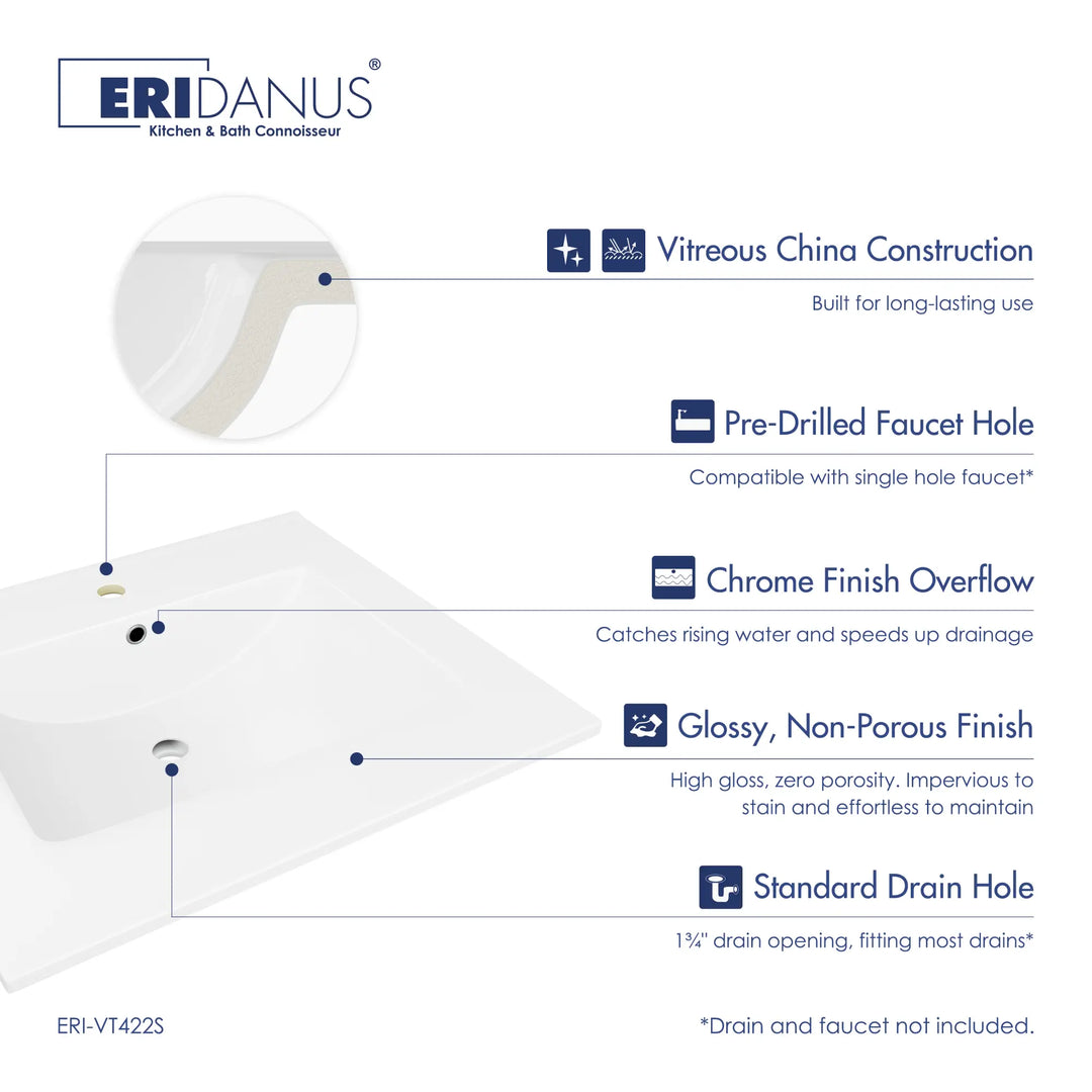 White vitreous china vanity sink with pre-drilled faucet hole and overflow.
