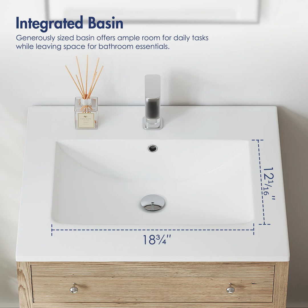 Integrated white bathroom basin with 18.75x12.06 inch interior size.