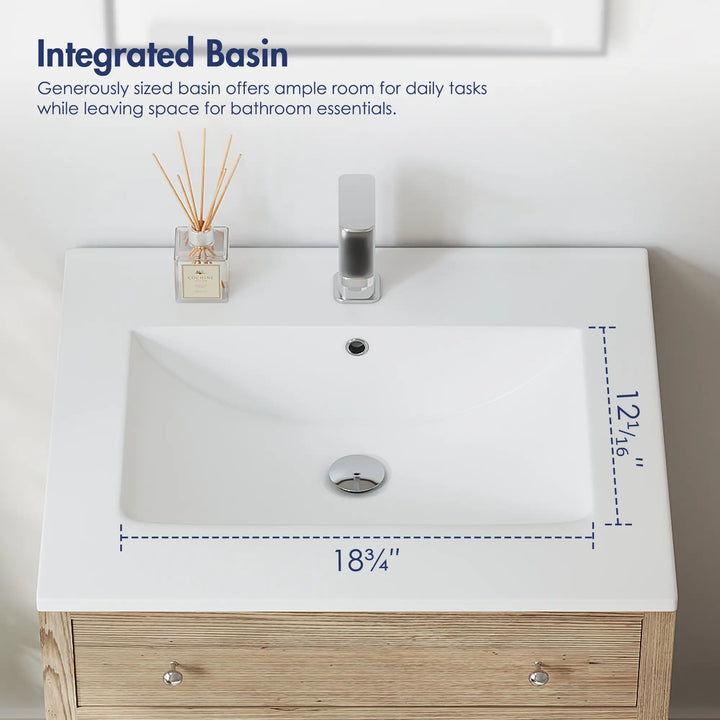 Integrated white bathroom basin with 18.75x12.06 inch interior size.