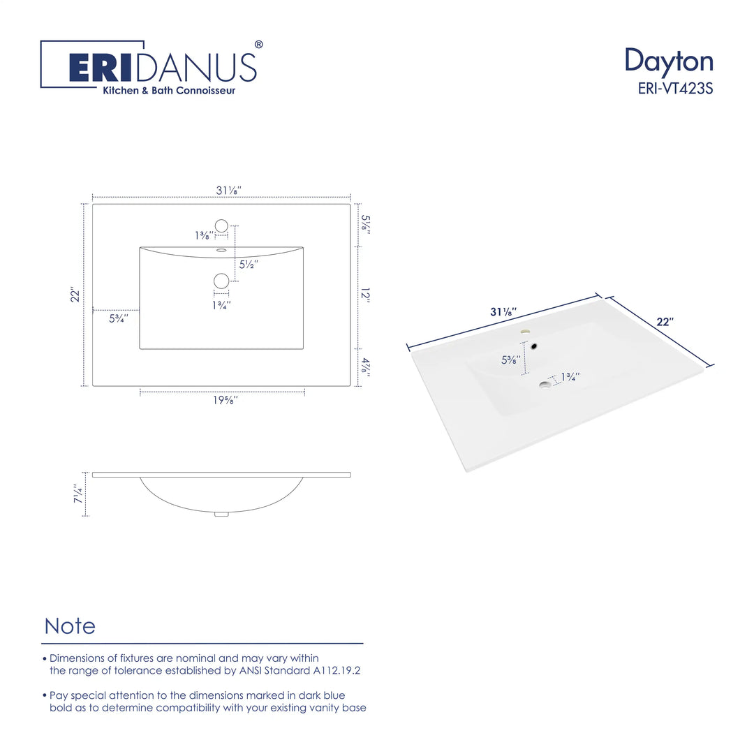 Dayton 31" Rectangular Vanity Top Vitreous China Sink in White with Single Faucet Hole (Sink Only)