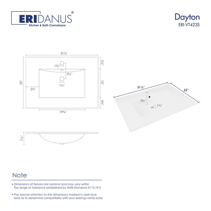 Dayton 31" Rectangular Vanity Top Vitreous China Sink in White with Single Faucet Hole (Sink Only)