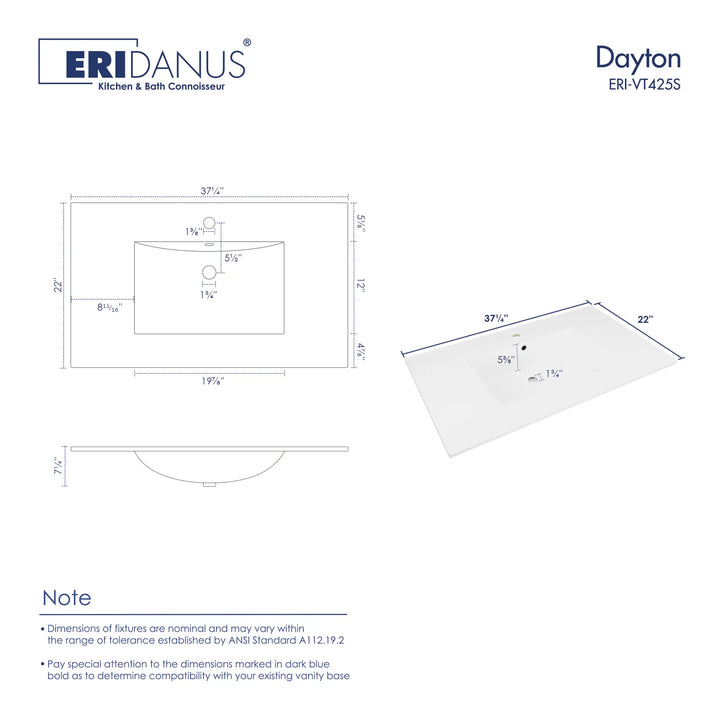 37 1/4" x 22" white vanity top technical specifications.