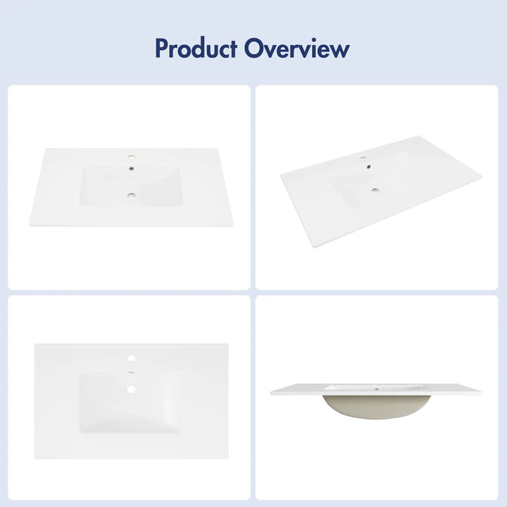 Multi-angle views of a white integrated bathroom vanity top.