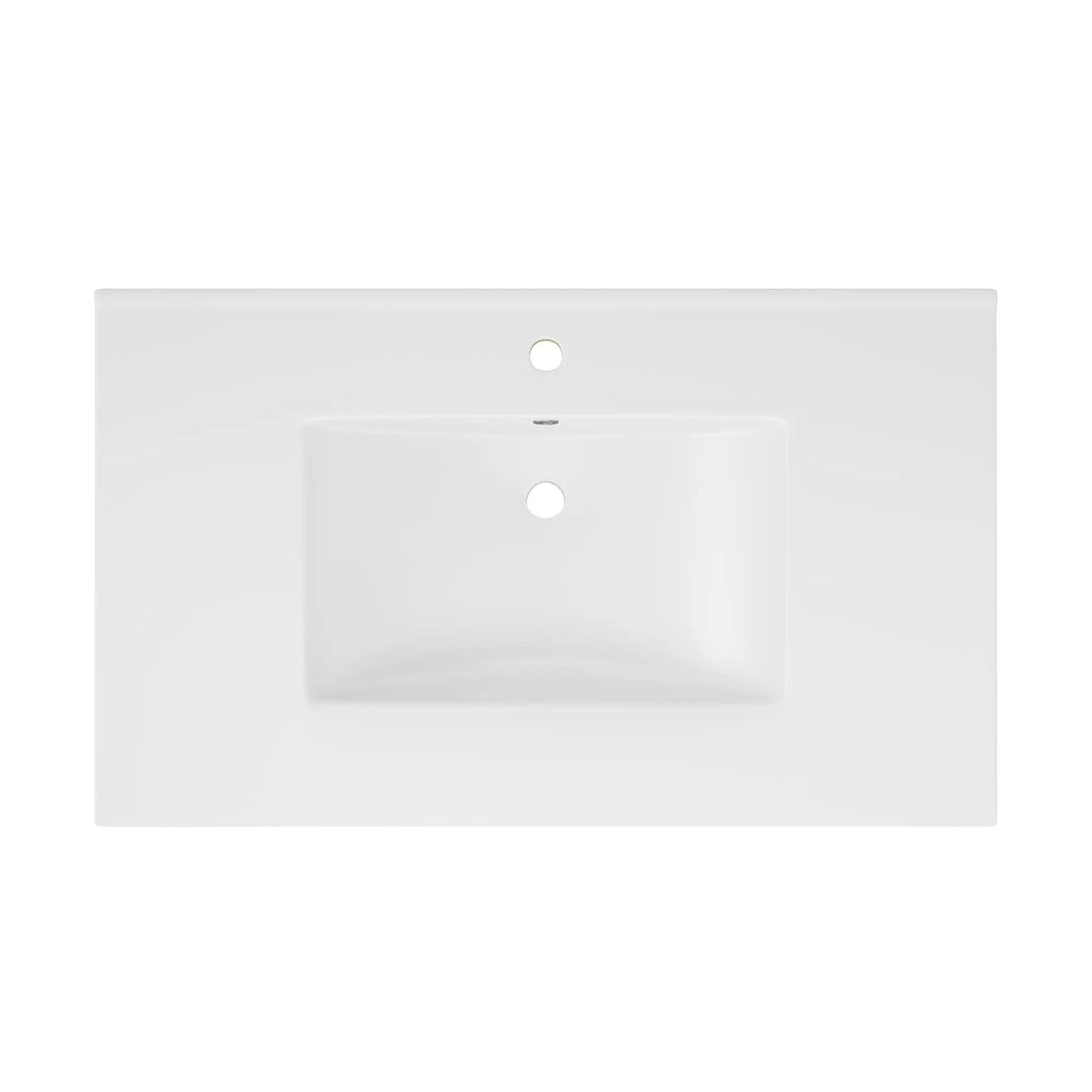 White rectangular vanity top with pre-drilled faucet hole.