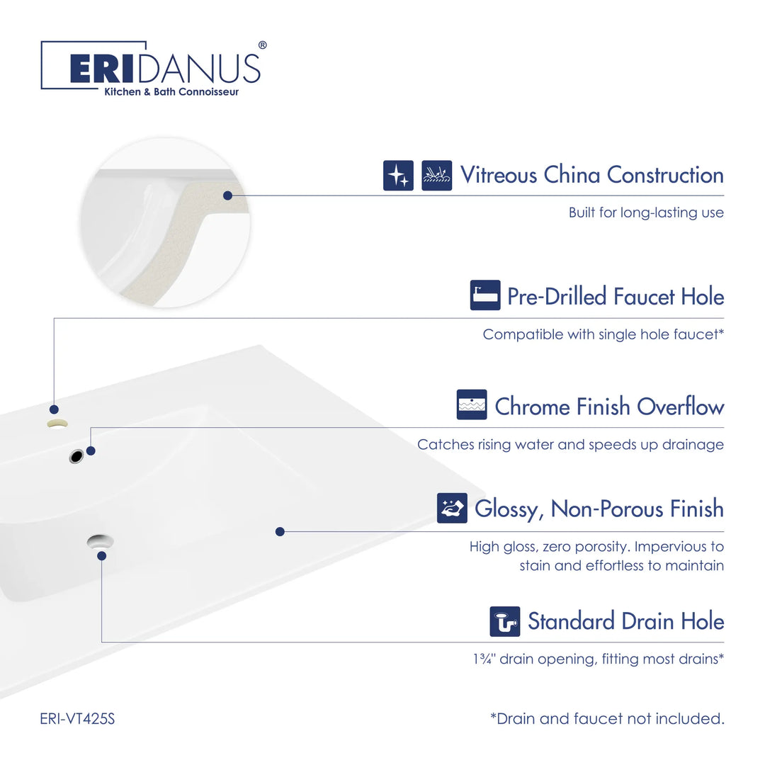 White vitreous china vanity top with pre-drilled holes.