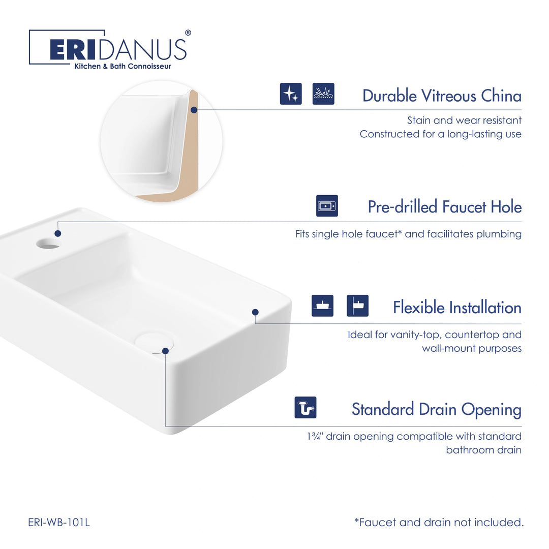 Eridanus white vitreous china sink with faucet hole and dual mount.