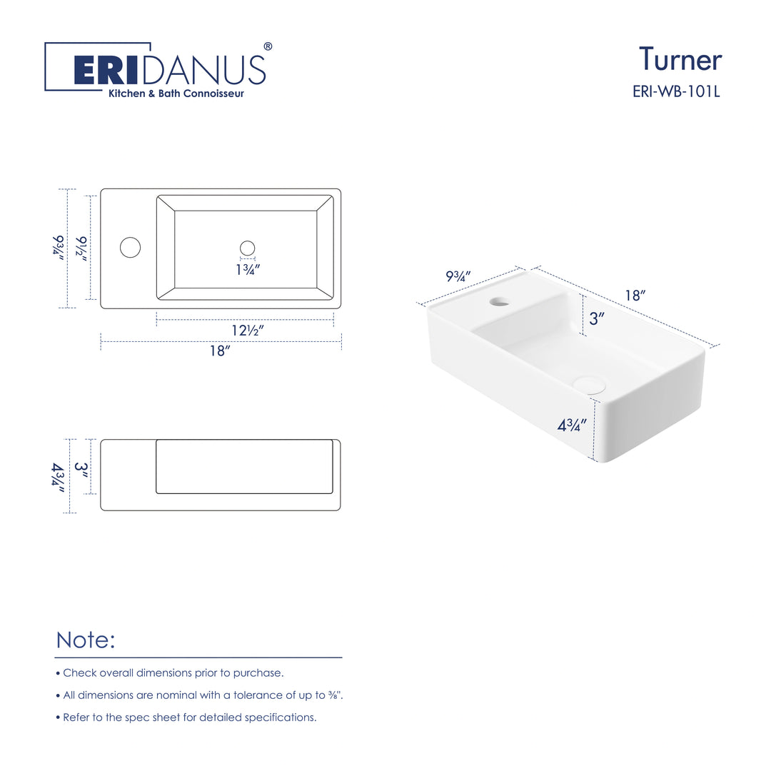 Eridanus Turner ERI-WB-101L white rectangular sink dimensions.