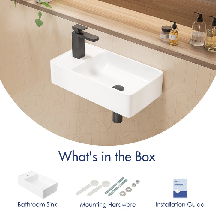 Eridanus white wall-mount sink with hardware and installation guide.