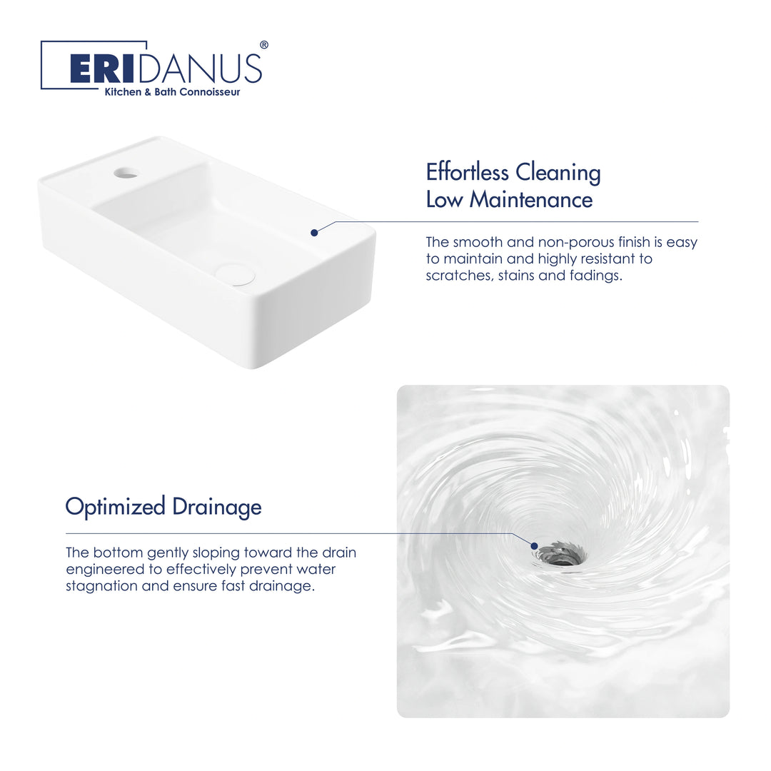 Eridanus white ceramic sink with faucet hole, easy cleaning, fast drain.