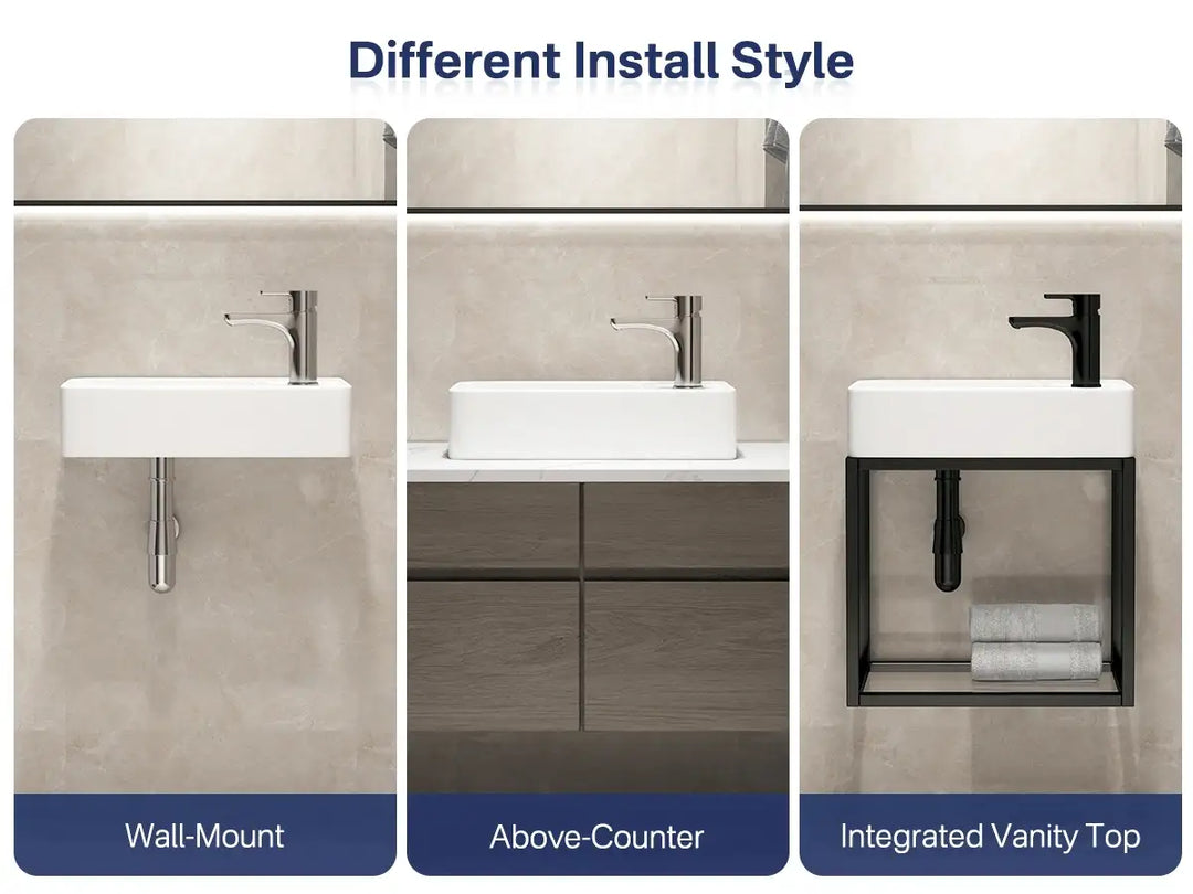 Four-step installation diagram for an above-counter vessel sink