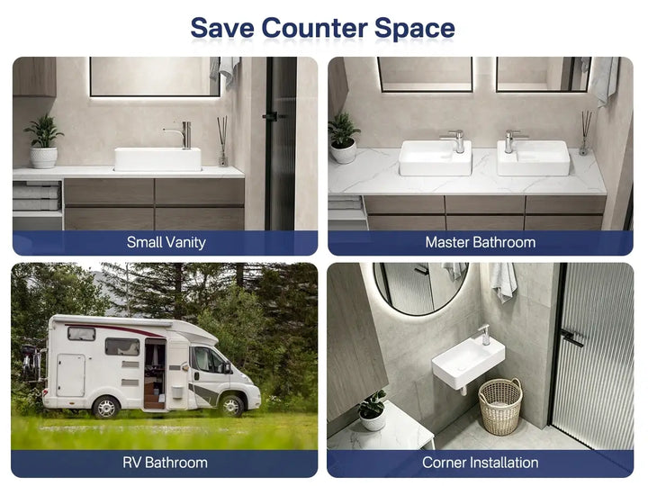 Space-saving ceramic sink applications for vanity, RV, and corner installations