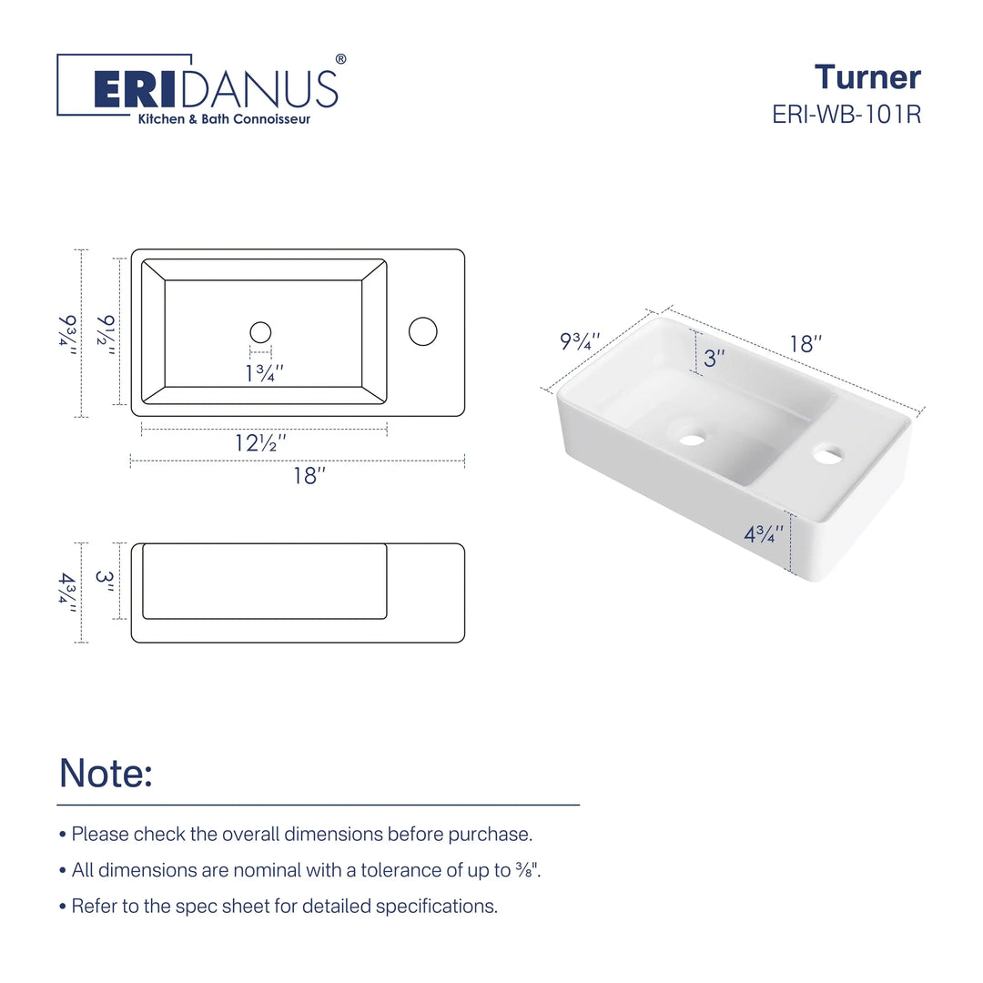 Detailed measurements and installation specs of wall-mounted ceramic sink