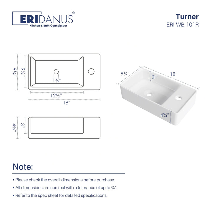 Detailed measurements and installation specs of wall-mounted ceramic sink
