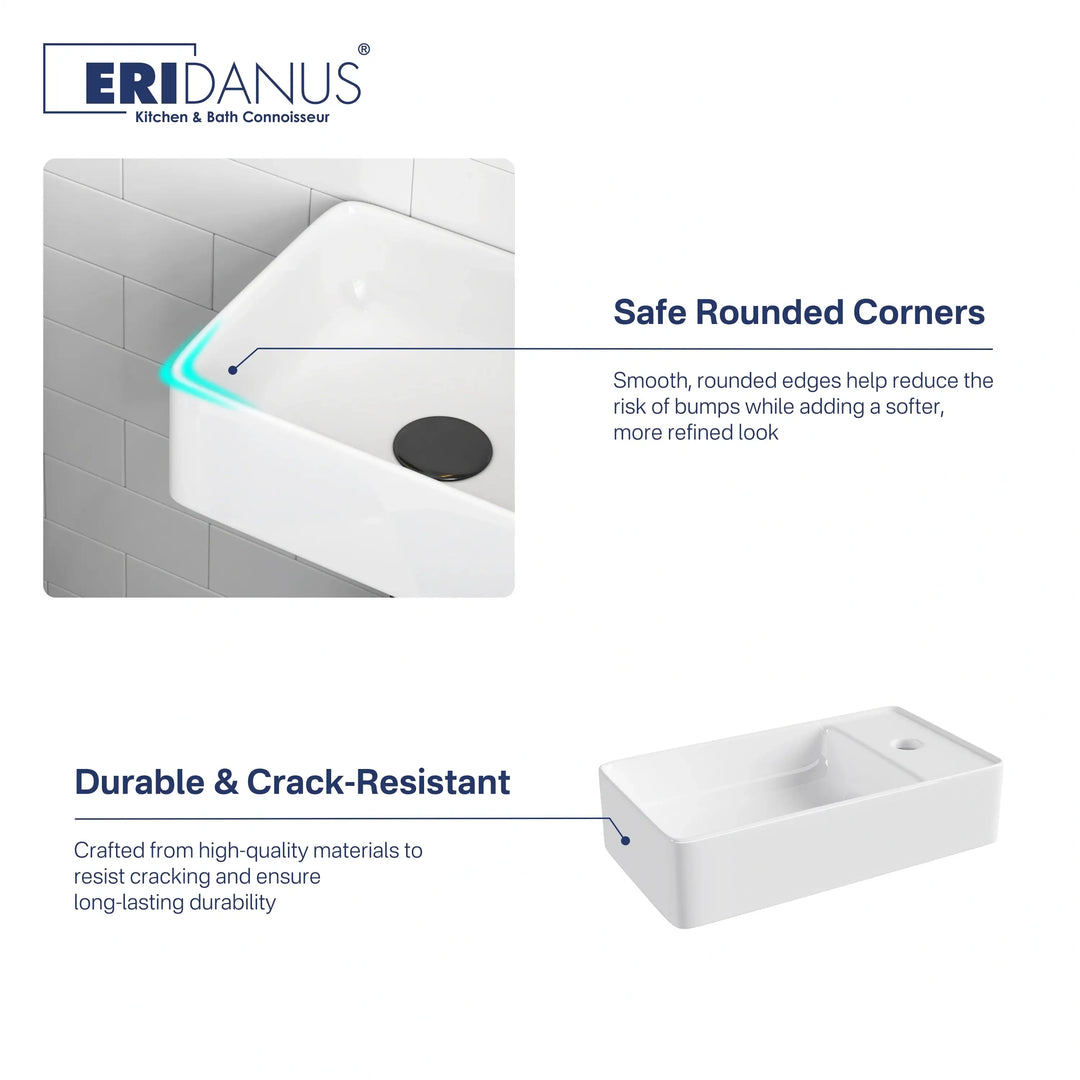 White ceramic sink showcasing safe rounded corners and durable material features