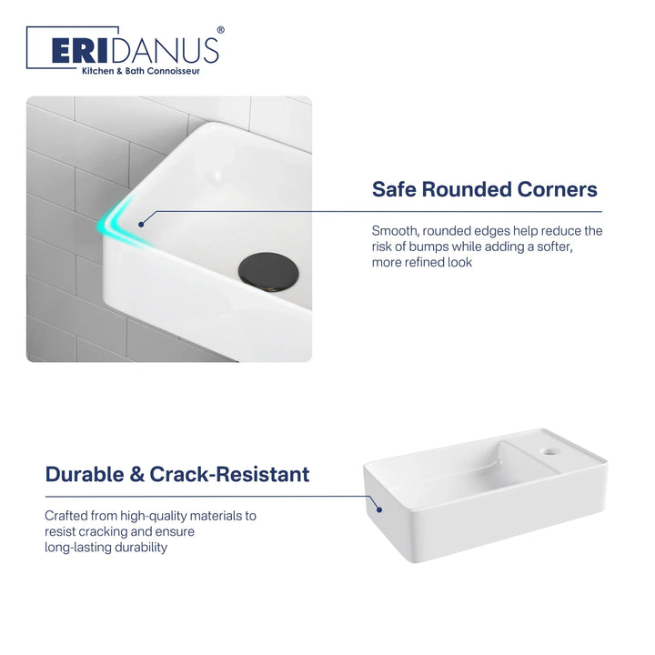 White ceramic sink showcasing safe rounded corners and durable material features