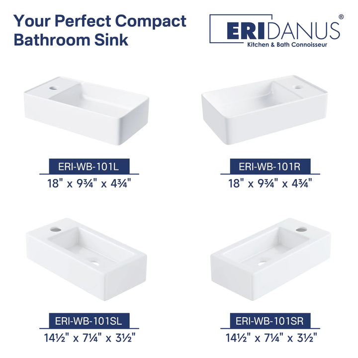 Compact ceramic bathroom sinks showing different sizes and faucet hole placements