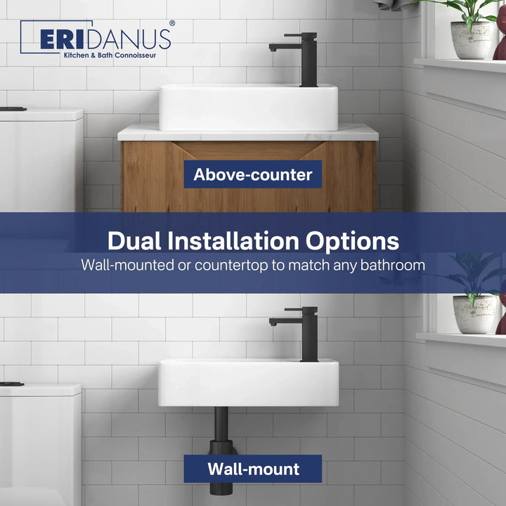 Ceramic sink showing dual above-counter and wall-mount installation 