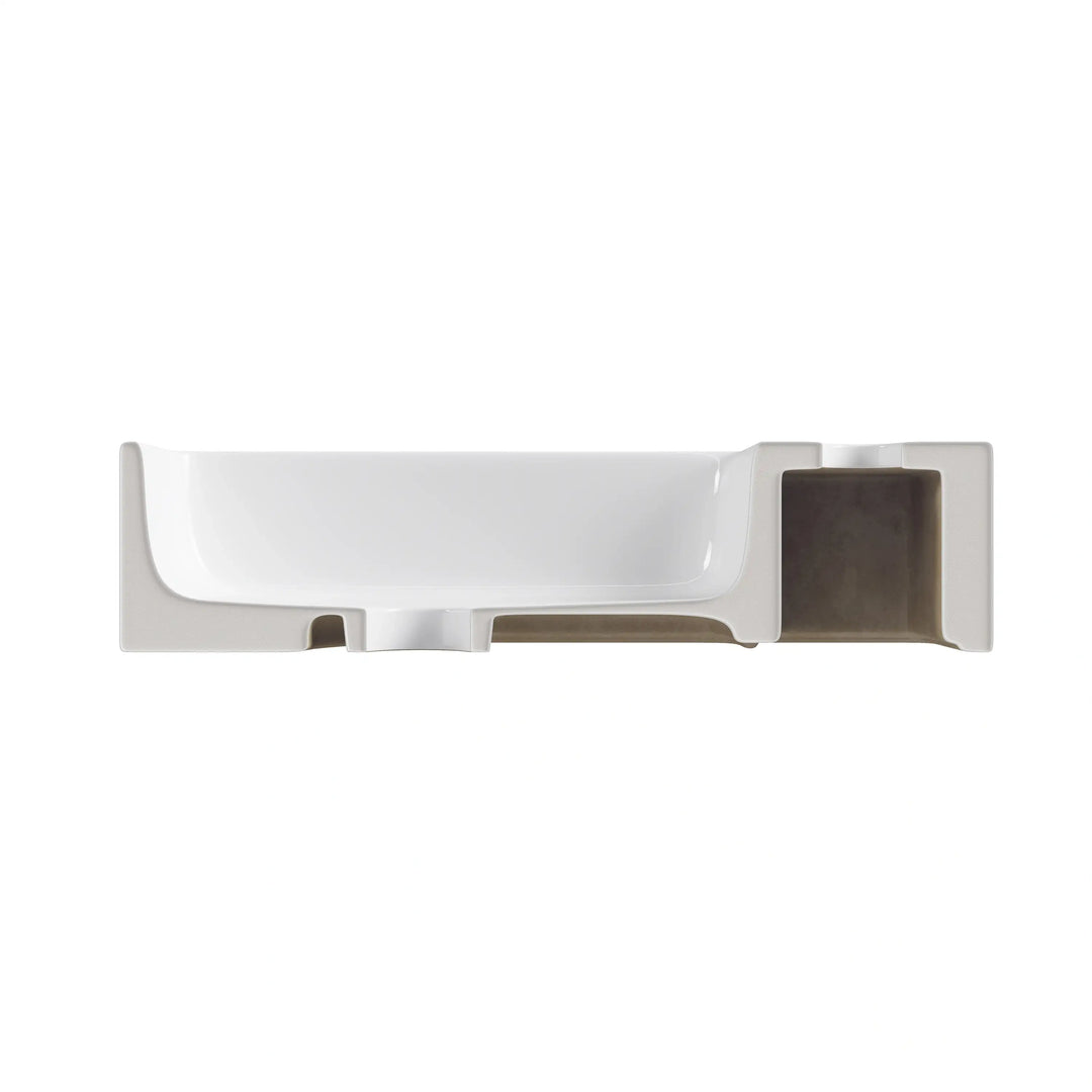 Cross-section view of a white ceramic sink showing internal structure