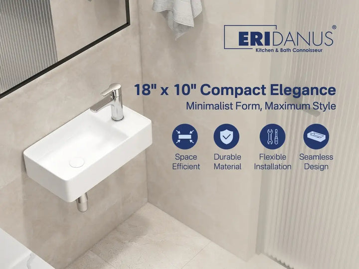 18" x 10" compact wall-mounted ceramic sink with chrome faucet and key features