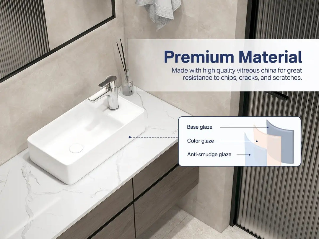 Vitreous china vessel sink highlighting premium triple-glazed material features