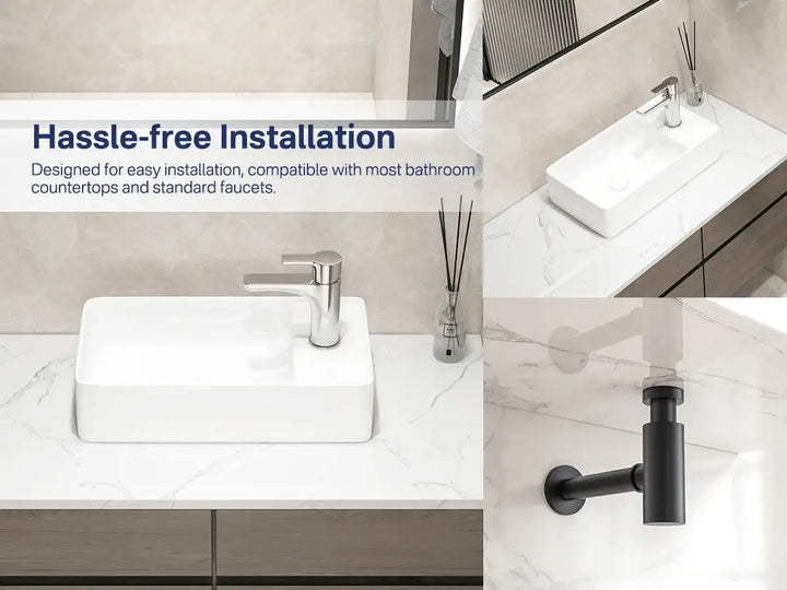 White ceramic vessel sink showcasing easy countertop installation and drain setup