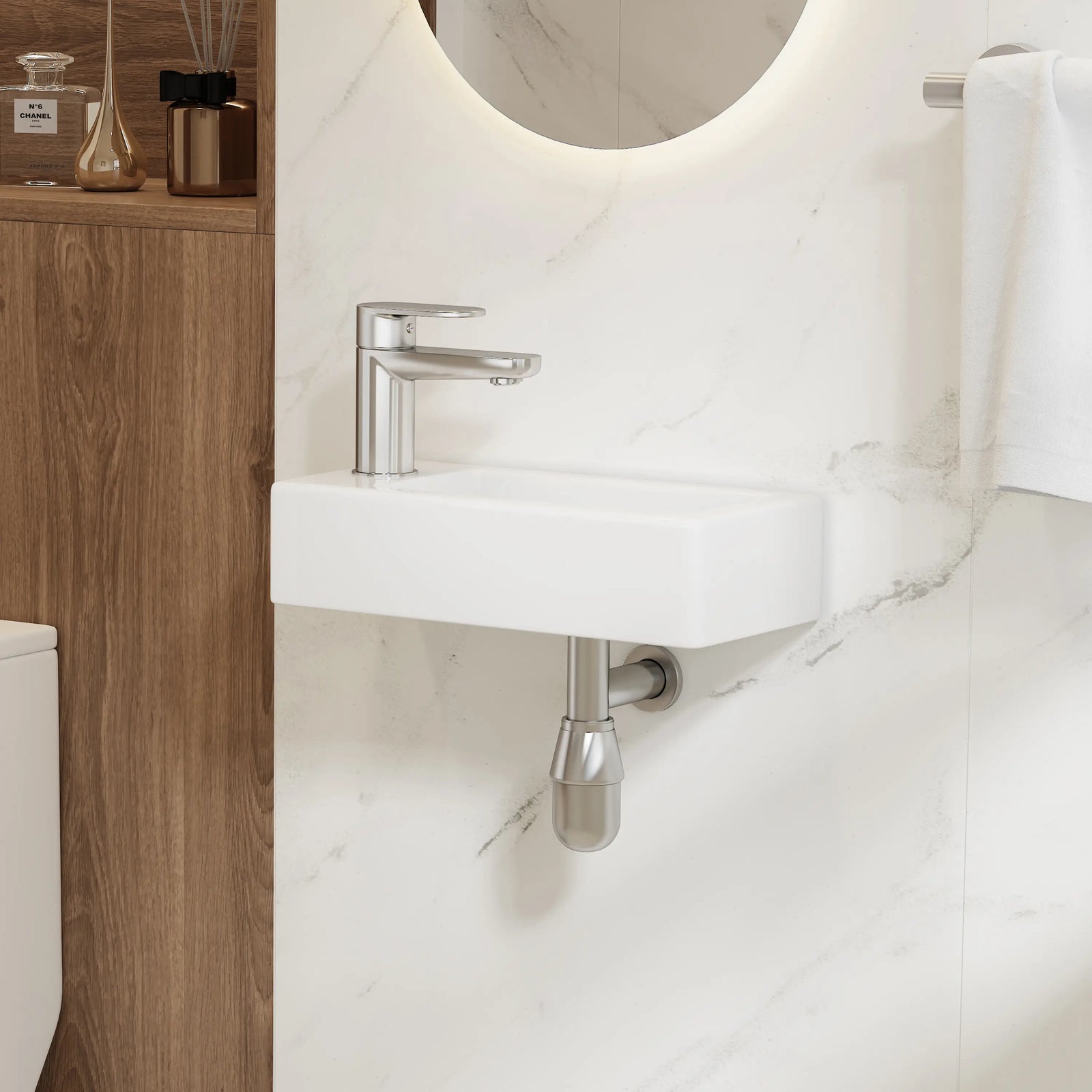 Wall-mounted rectangular white ceramic mini sink with chrome faucet.#installation-type_left-hand