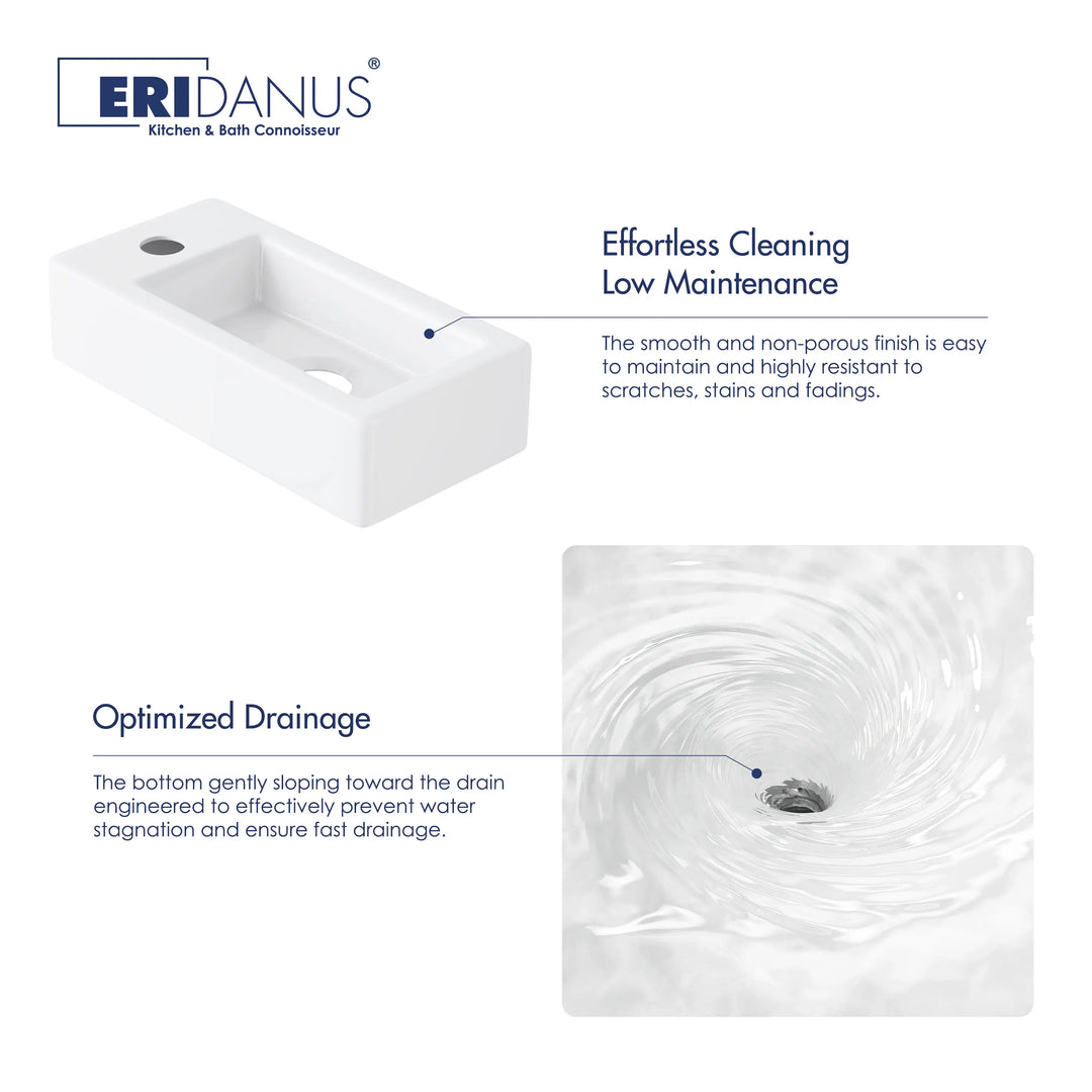 Eridanus 14.5" Compact Wall-Mount Sink – Rectangular Ceramic Basin, White