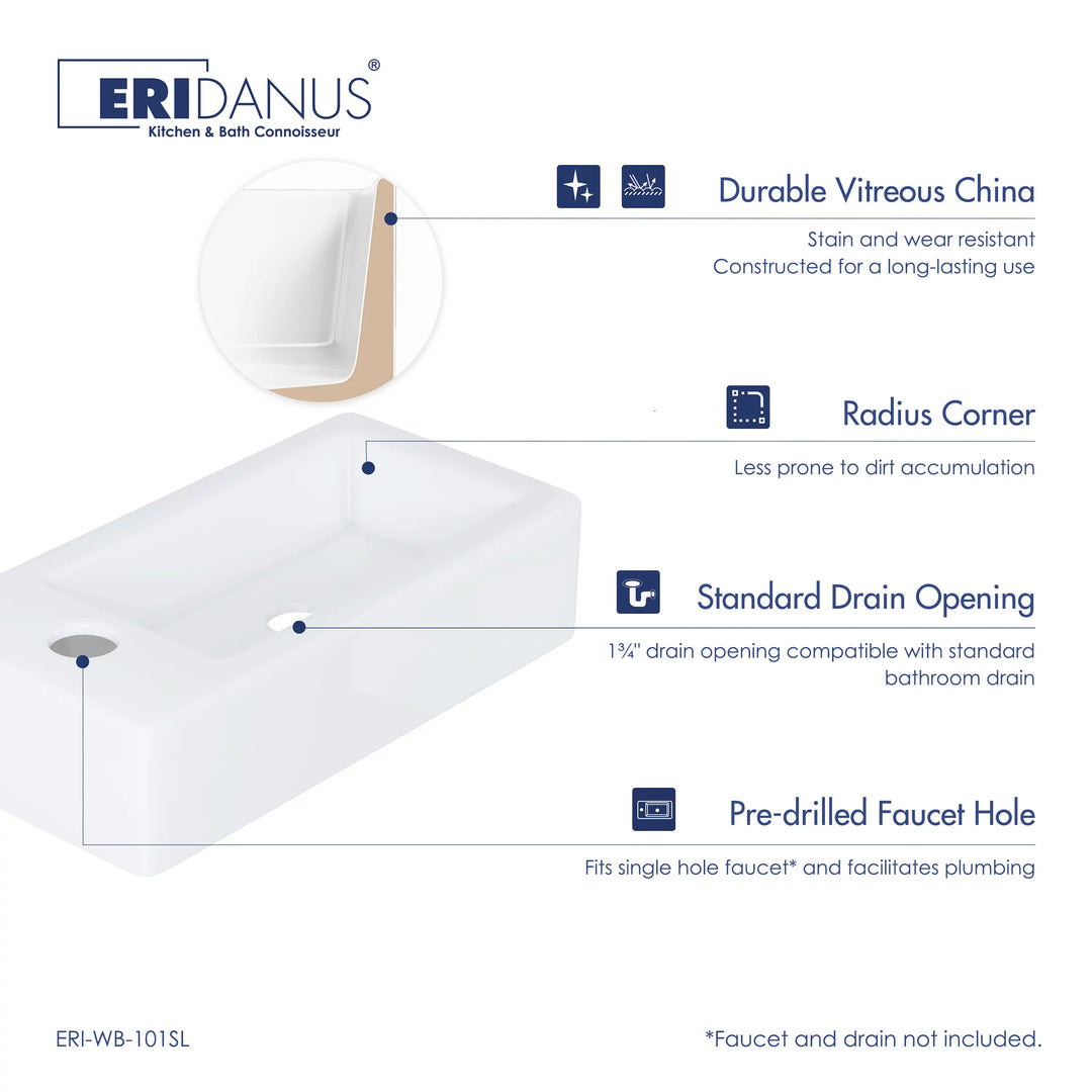 Eridanus 14.5" Compact Wall-Mount Sink – Rectangular Ceramic Basin, White