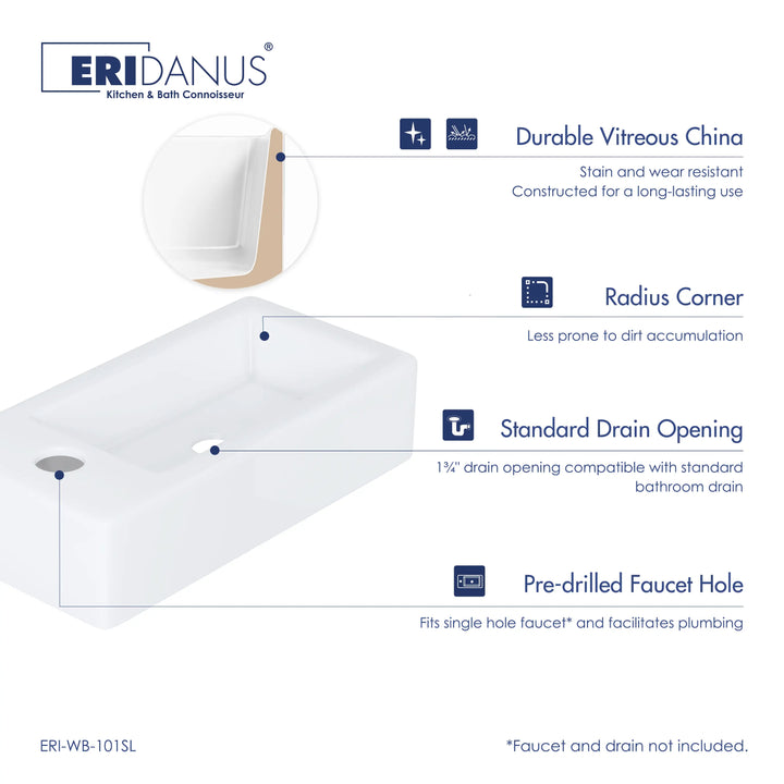 Eridanus 14.5" Compact Wall-Mount Sink – Rectangular Ceramic Basin, White
