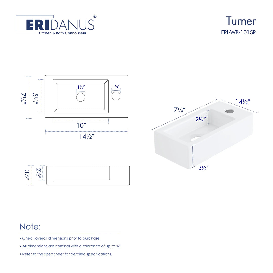 Eridanus 14.5" Compact Wall-Mount Sink – Rectangular Ceramic Basin, White