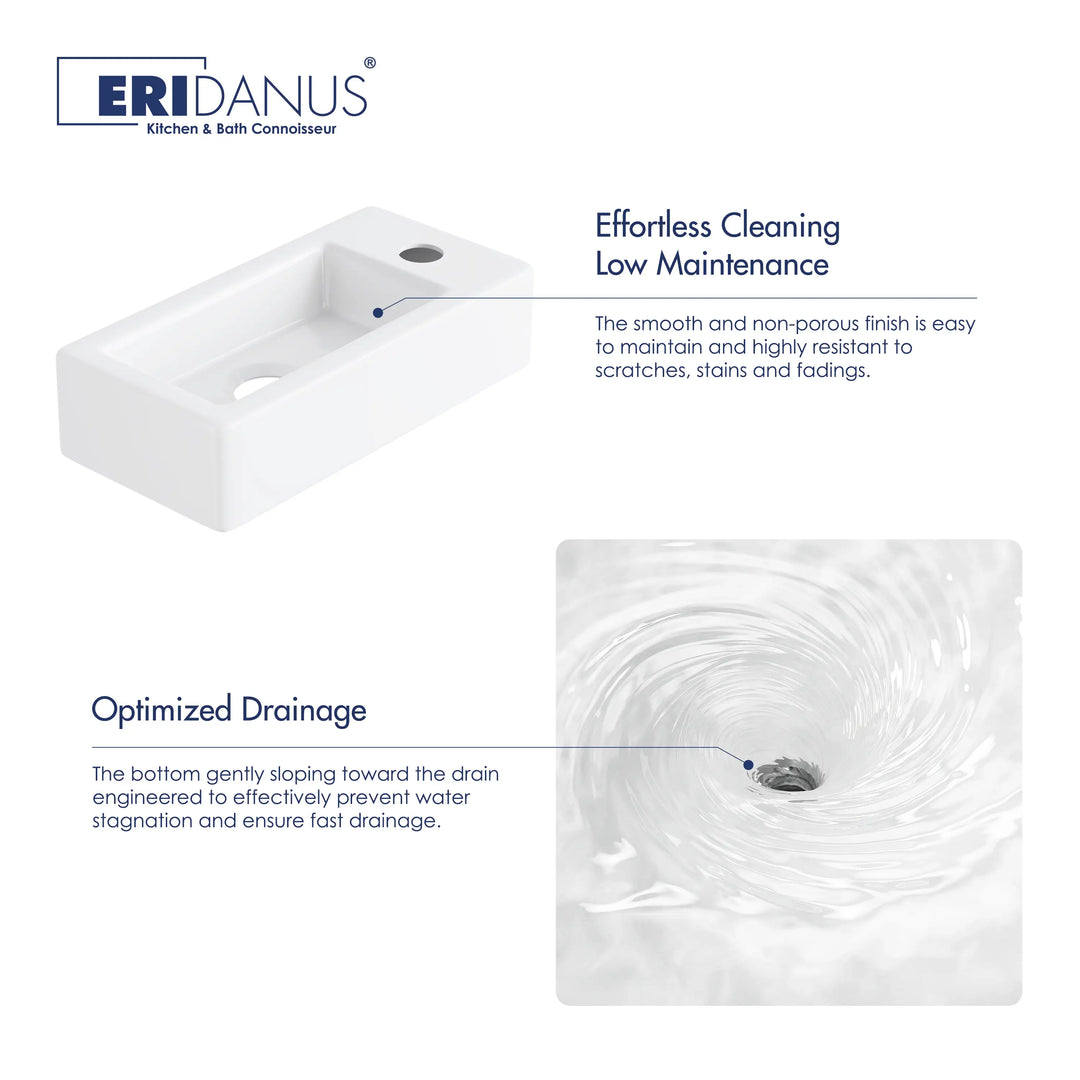 Eridanus 14.5" Compact Wall-Mount Sink – Rectangular Ceramic Basin, White