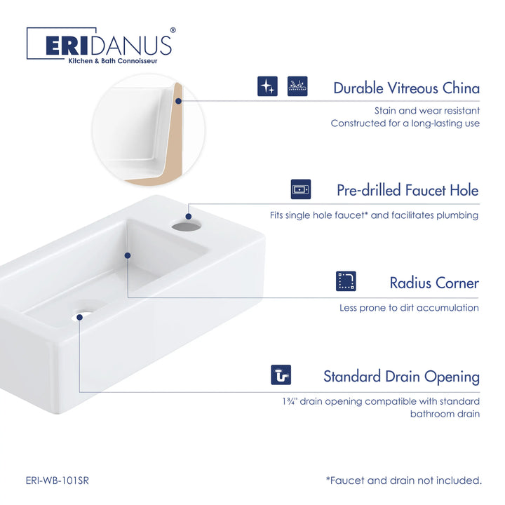 Eridanus 14.5" Compact Wall-Mount Sink – Rectangular Ceramic Basin, White