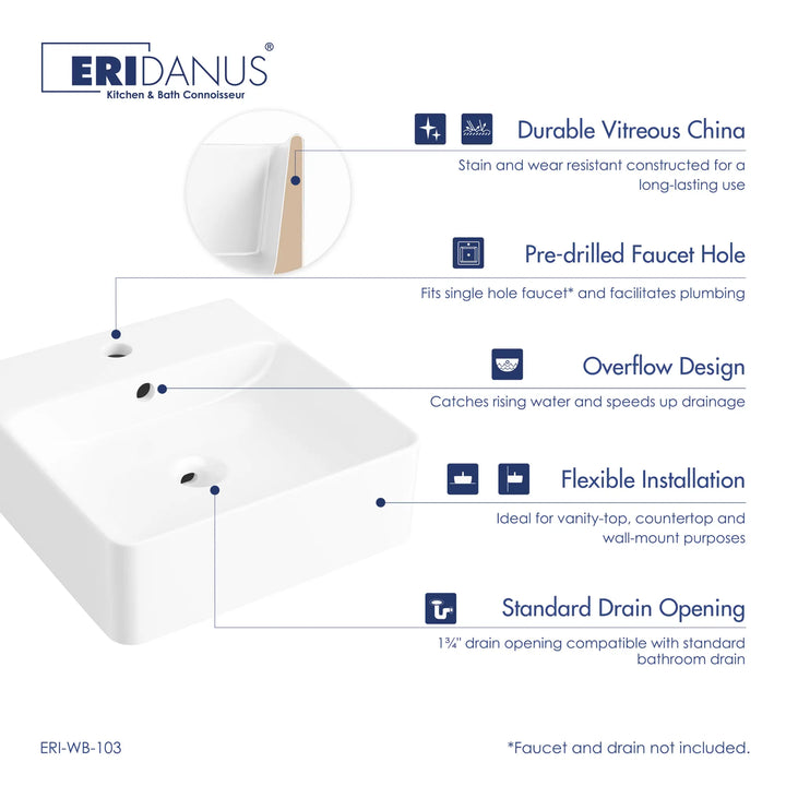 White vitreous china sink with overflow and faucet hole.