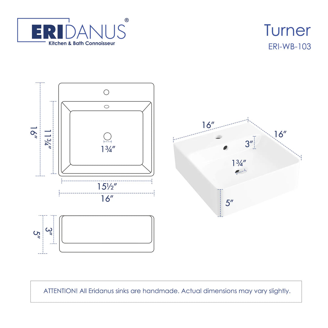 16x16 inch white square bathroom sink dimension sheet.