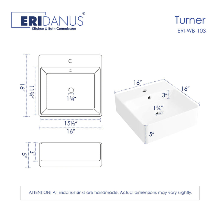 16x16 inch white square bathroom sink dimension sheet.