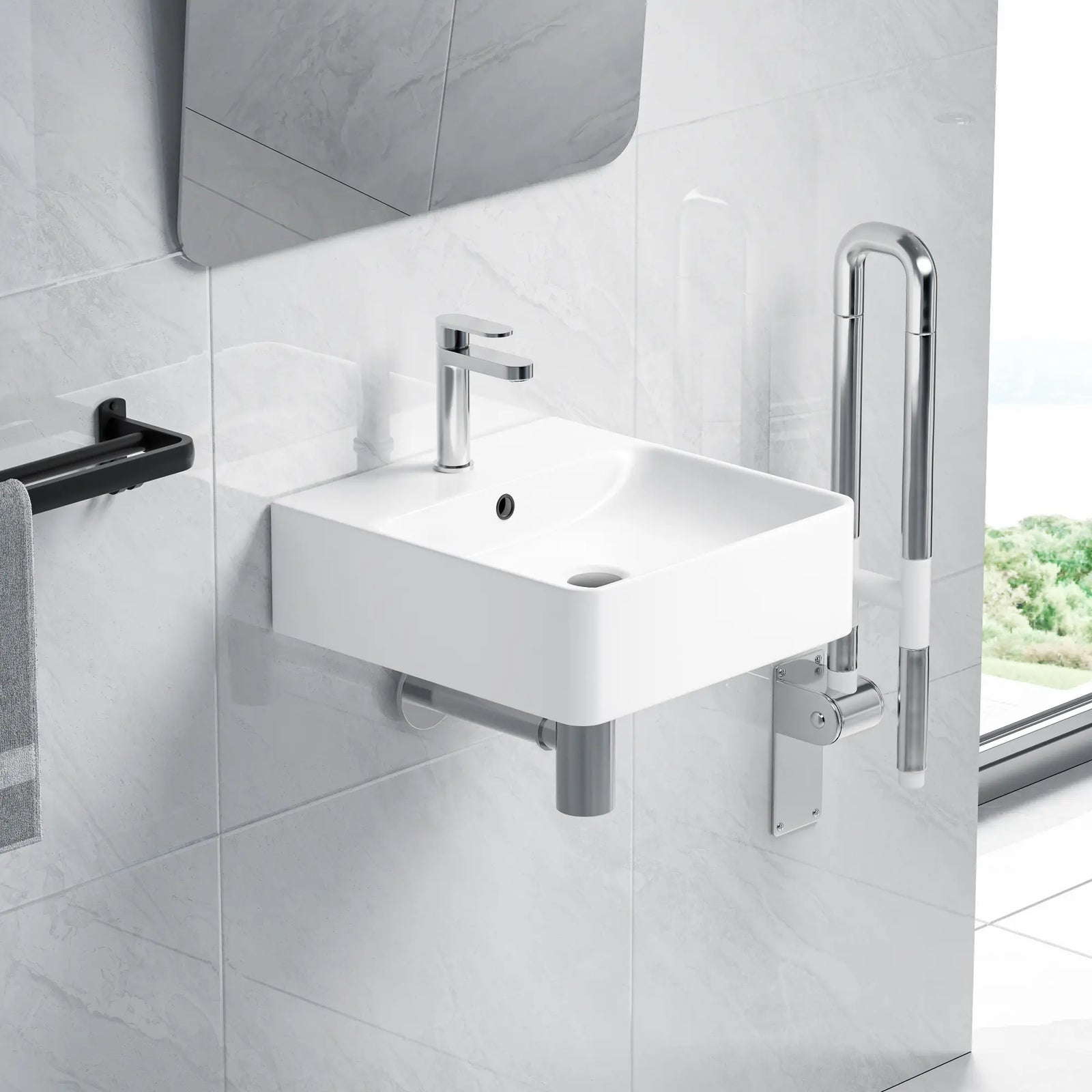 White wall-mounted sink with folding chrome grab bar.