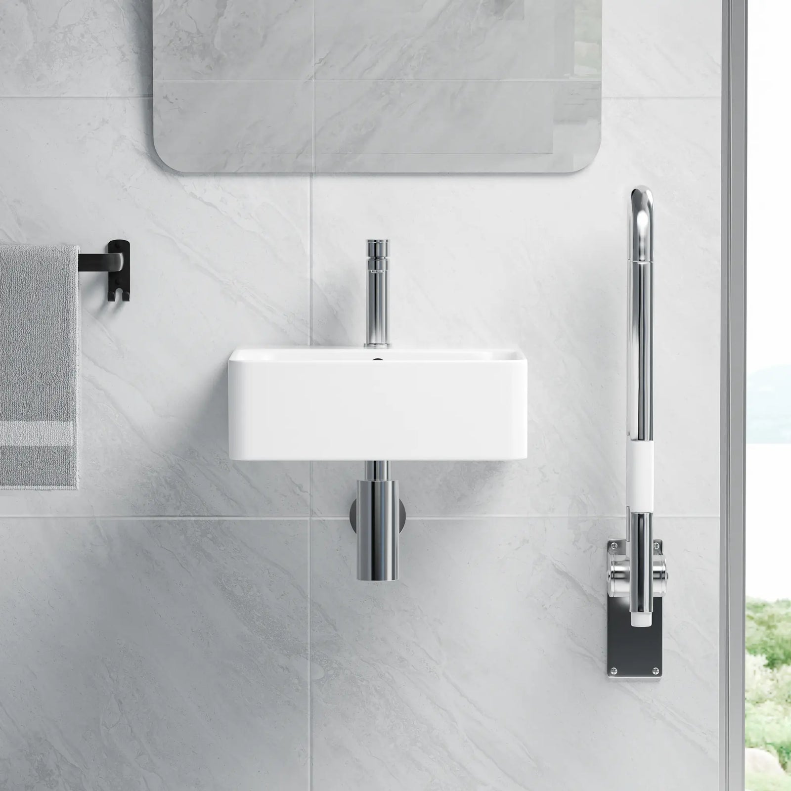 White wall-mounted rectangular sink, chrome faucet, bottle trap.