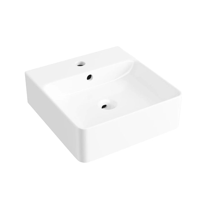 White square ceramic sink with faucet hole and overflow.