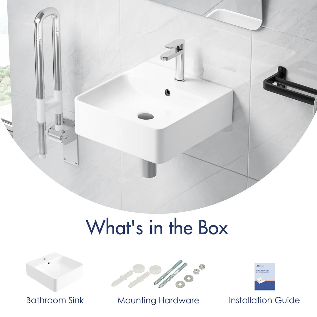 White square sink, hardware and installation guide.