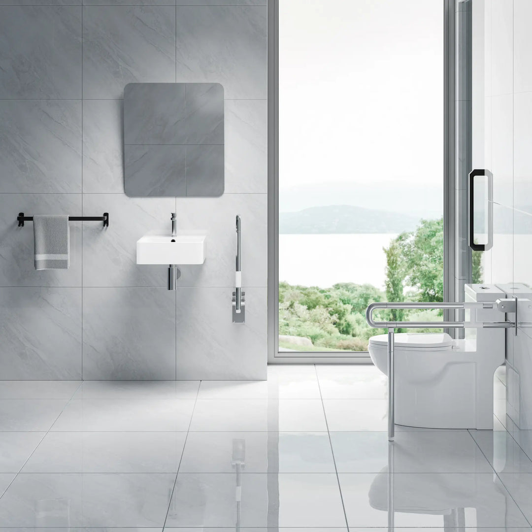 White wall-mounted ceramic sink, chrome faucet, bottle trap.