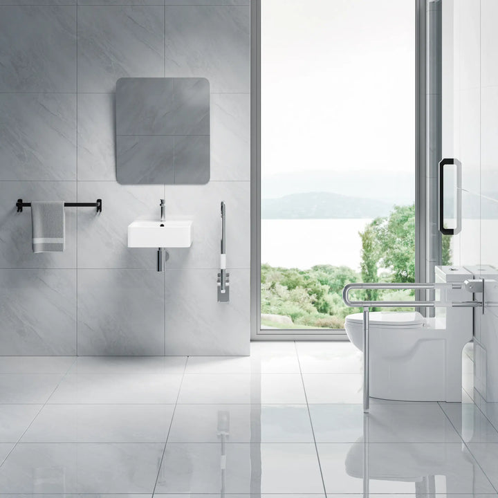 White wall-mounted ceramic sink, chrome faucet, bottle trap.