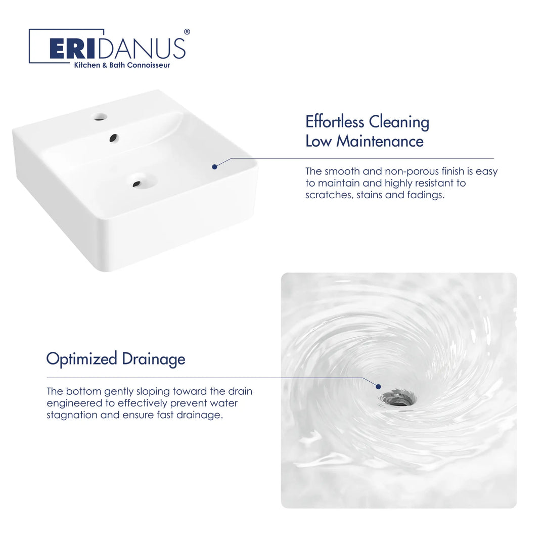 White square ceramic sink with optimized drainage detail.